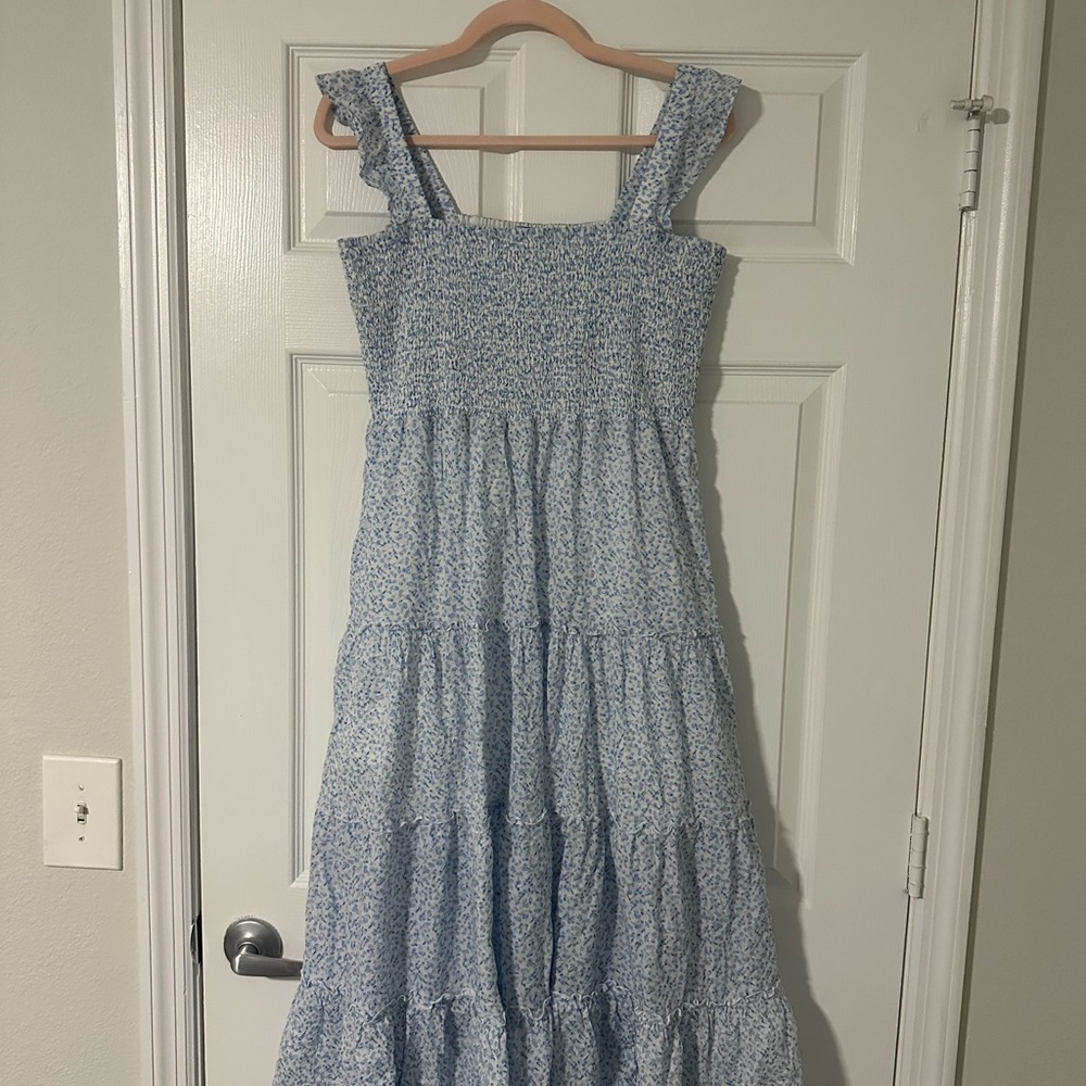 Smocked Tiered Maxi Dress in Light Blue Floral